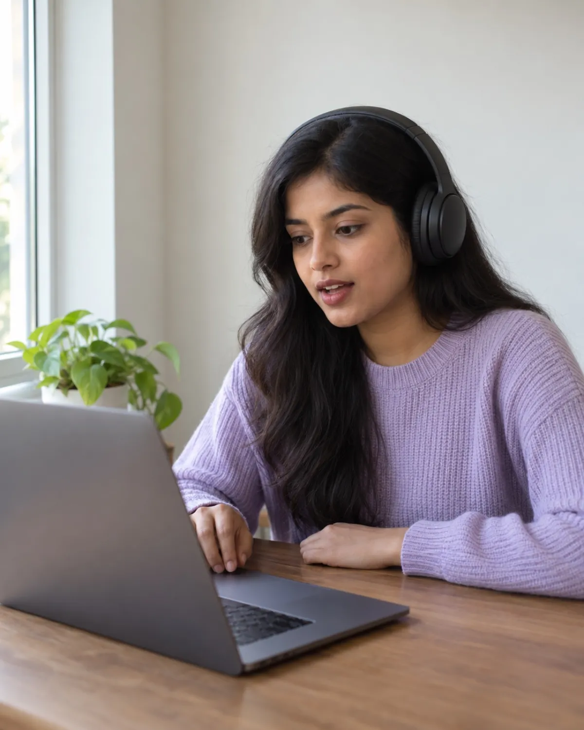 Student practising a speaking task with headphones, smiling at a laptop