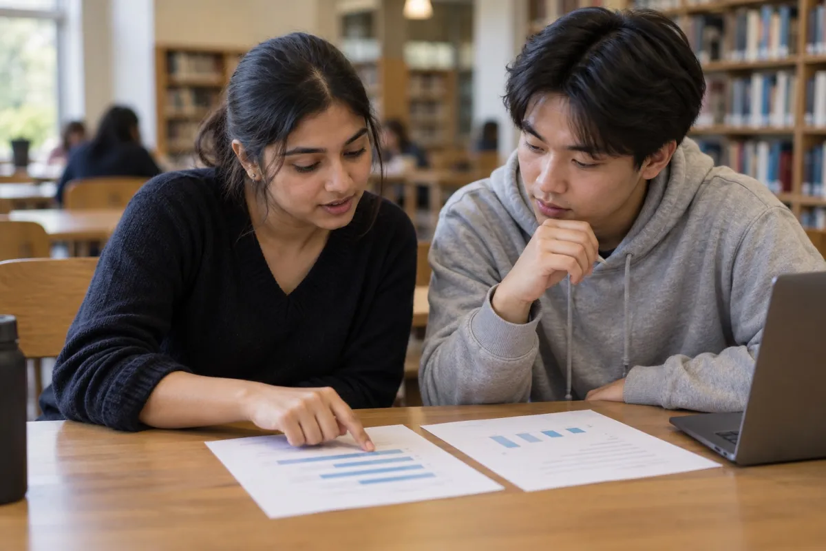 Two students comparing mock results at a table