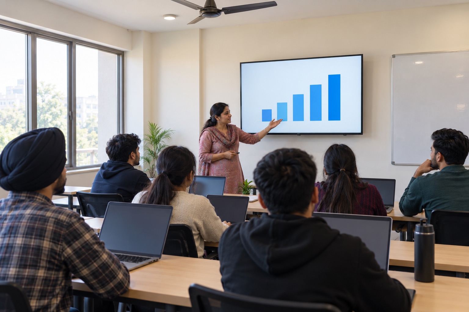 Teacher walking a small class through a score report on a screen