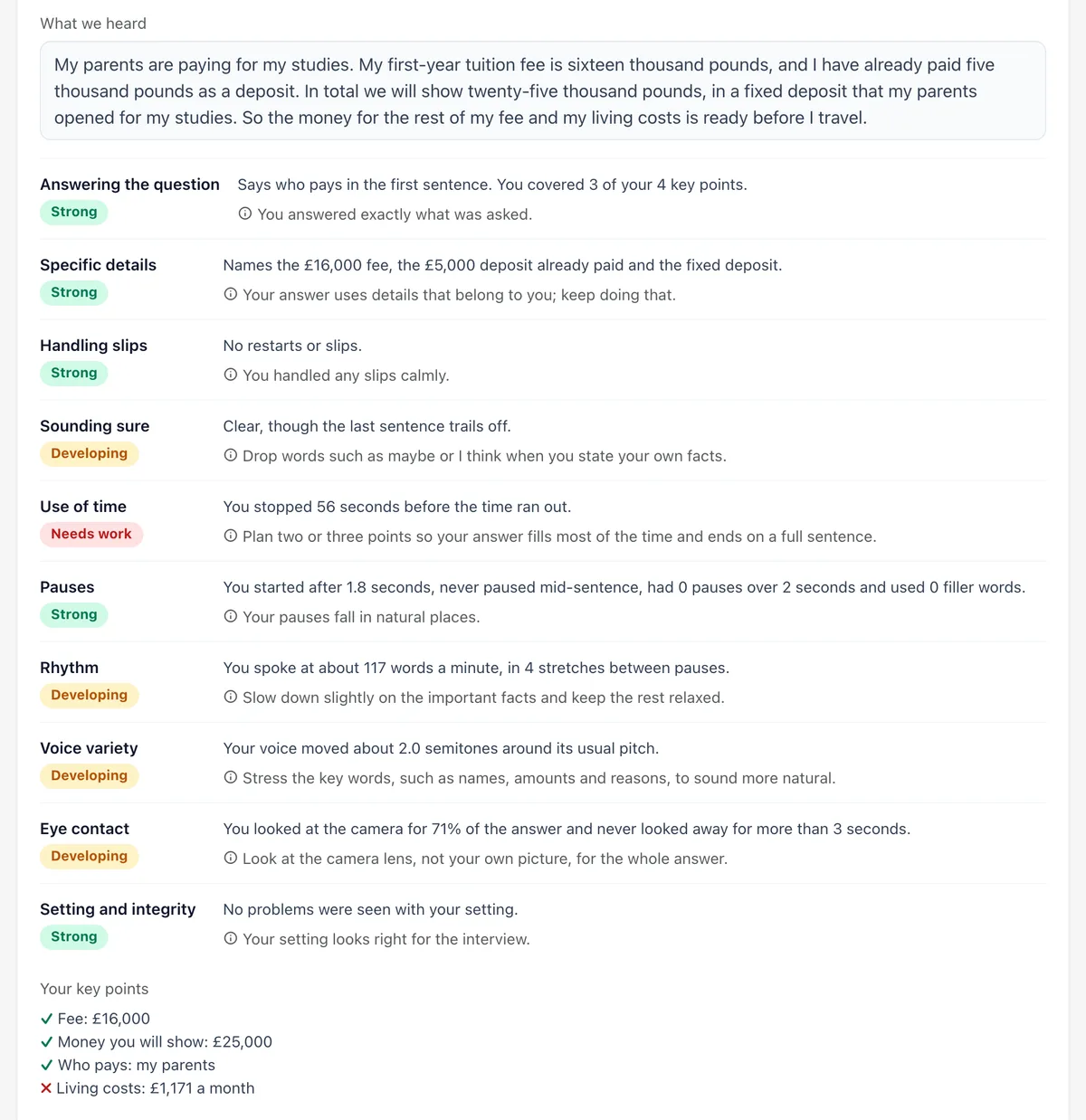 Feedback on one practice answer: the transcript under 'What we heard', ten parts each with a band (Strong, Developing or Needs work), a sentence of evidence and a tip, then four key points with three ticked and one crossed.