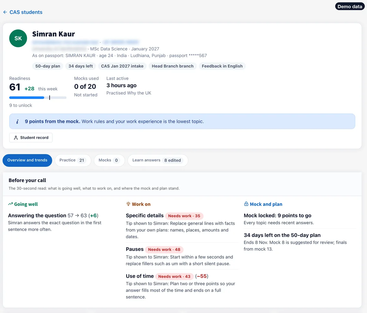 One student's UK CAS page for the demo student: readiness 61, mocks used, last active, then a Before your call panel with what is going well, what to work on, and where the mock and plan stand. Contact details blurred.