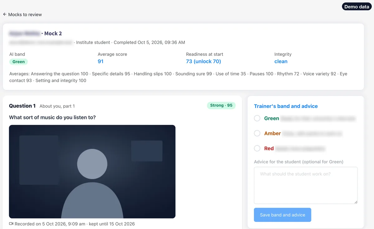 Mock review screen: the AI band, average score, readiness at start and integrity for one mock, a recorded answer, and the trainer's Green, Amber or Red choice with an advice box. The student's name and the text beside each band are blurred.