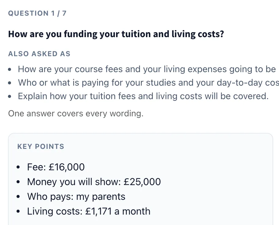 Learn screen for 'How are you funding your tuition and living costs?': three other wordings of the question and four key points built from the demo student's profile: fee 16,000 pounds, money to show 25,000 pounds, paid by parents, living costs 1,171 pounds a month.