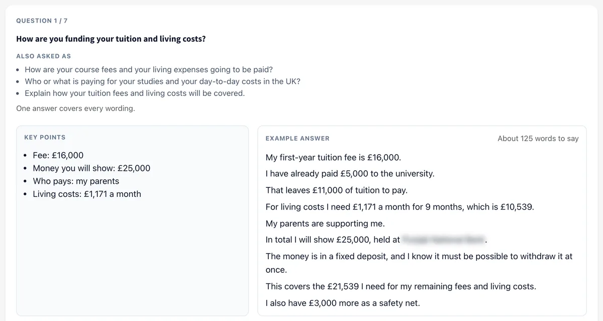 Hilingo's Learn screen for a UK CAS interview question about funding: key points and an example answer built from a demo student's profile.