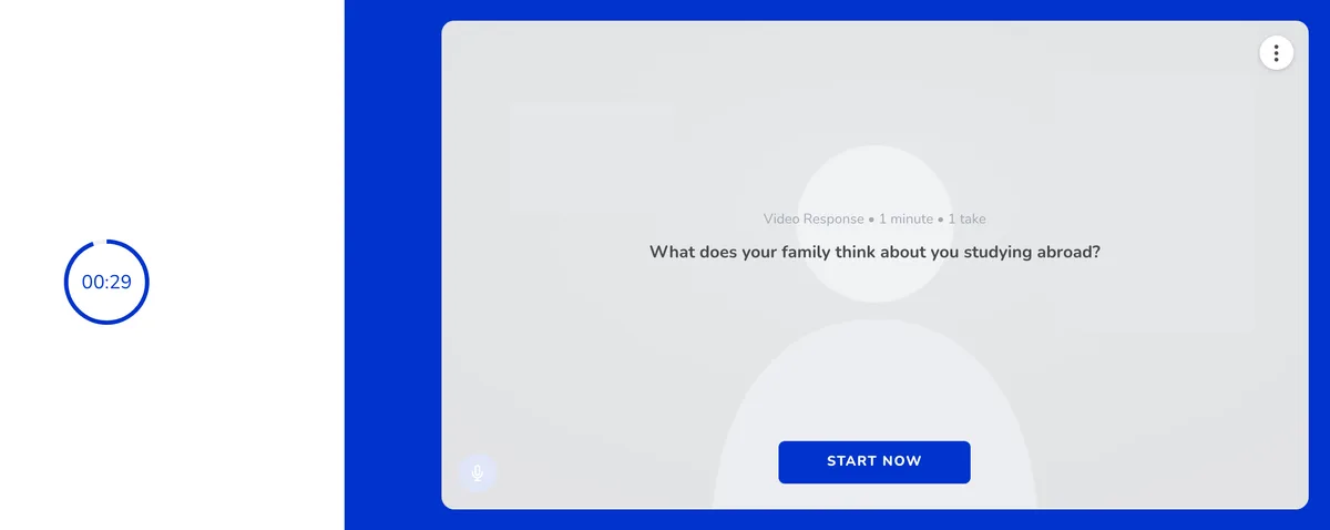 Hilingo practice screen: the question 'What does your family think about you studying abroad?' over the camera view, marked 1 minute and 1 take, with a 29-second preparation timer and a Start now button.